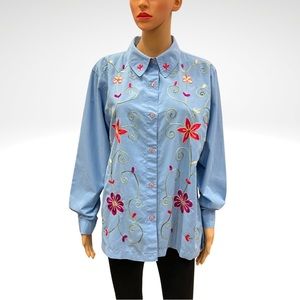 Adrian Delafield Blouse Top Embroidered Flowers Blue Grandma Country Cottage L
